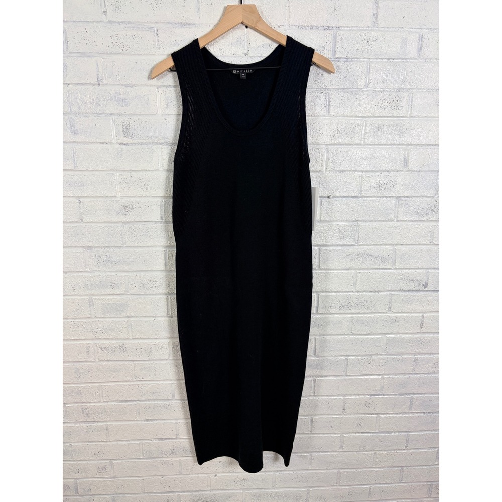 Athleta River Rib Sweater Dress Womens LP Black Merino Wool Sleeveless Midi